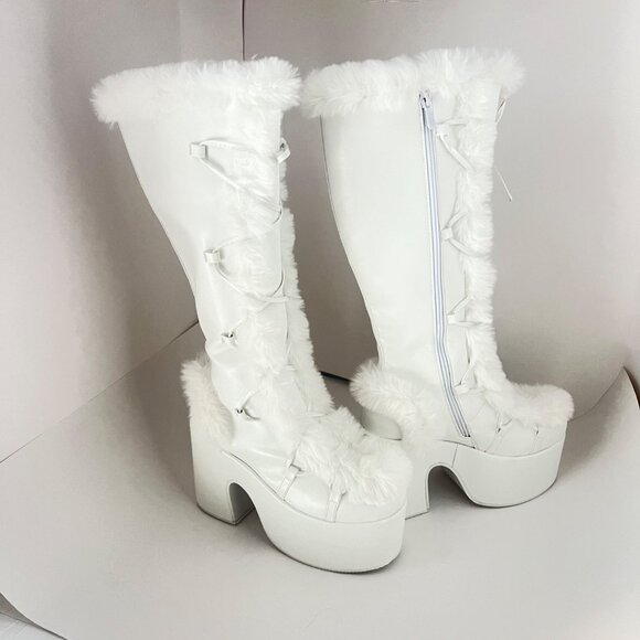 White Faux Fur Goth Platform Knee High Boots With Zippers Size 41 - Picture 4 of 16